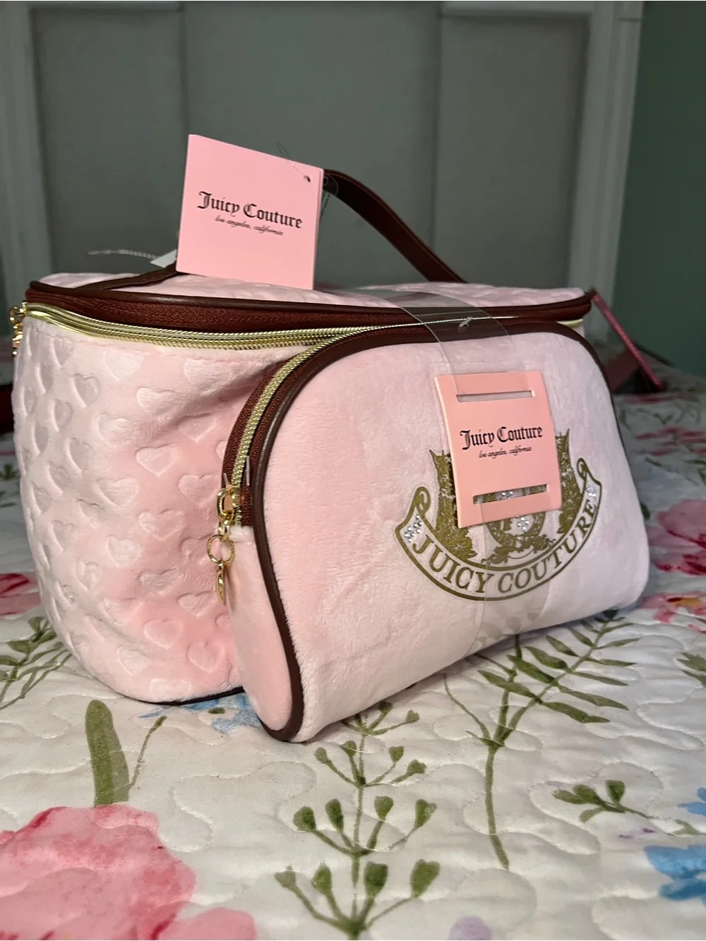 Juicy Couture Light Pink Cosmetic Case with Brown Trim and Gold Logo